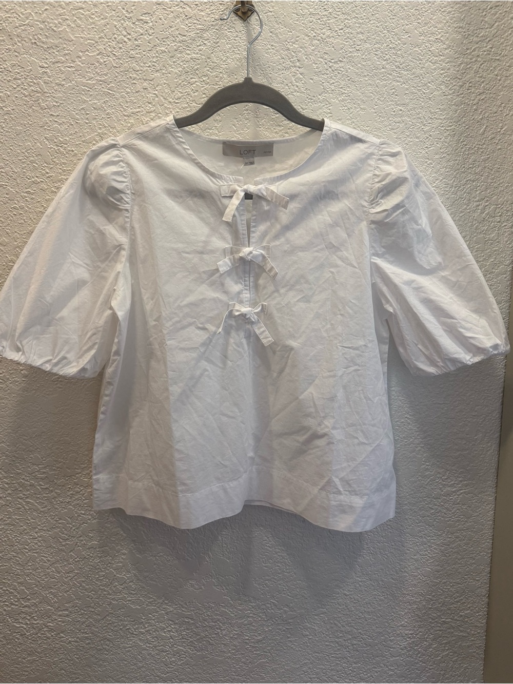 LOFT 100% Cotton White Tie-Front Puff Sleeve Blouse
